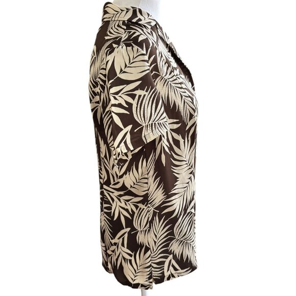 AMBER SUN Short Sleeve Button Front Blouse Chocolate Brown Cream Leaf Pattern S - Picture 3 of 7